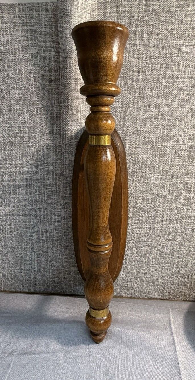 Vintage Wooden Mid Century MCM Wooden Wall Sconce Candle Holder w. Gold Accent